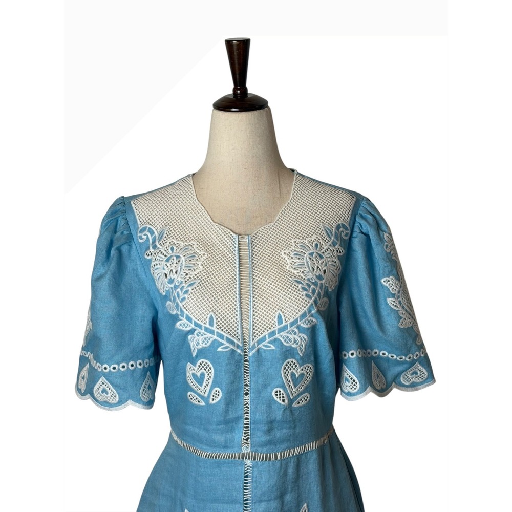 Farm Rio Midi Dress Women Medium Blue Embroidered Linen Open Back Scallop Boho - Picture 4 of 12